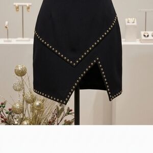 Elegant Studded Asymmetrical Mini Skirt | Black Silver Disco Glam Rock | Large